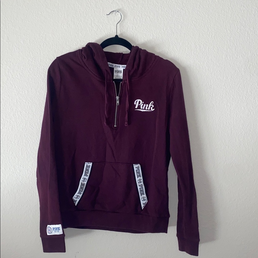 🎈PINK Victoria’s Secret Maroon Half-Zip Pullover with hood! - Picture 2 of 8